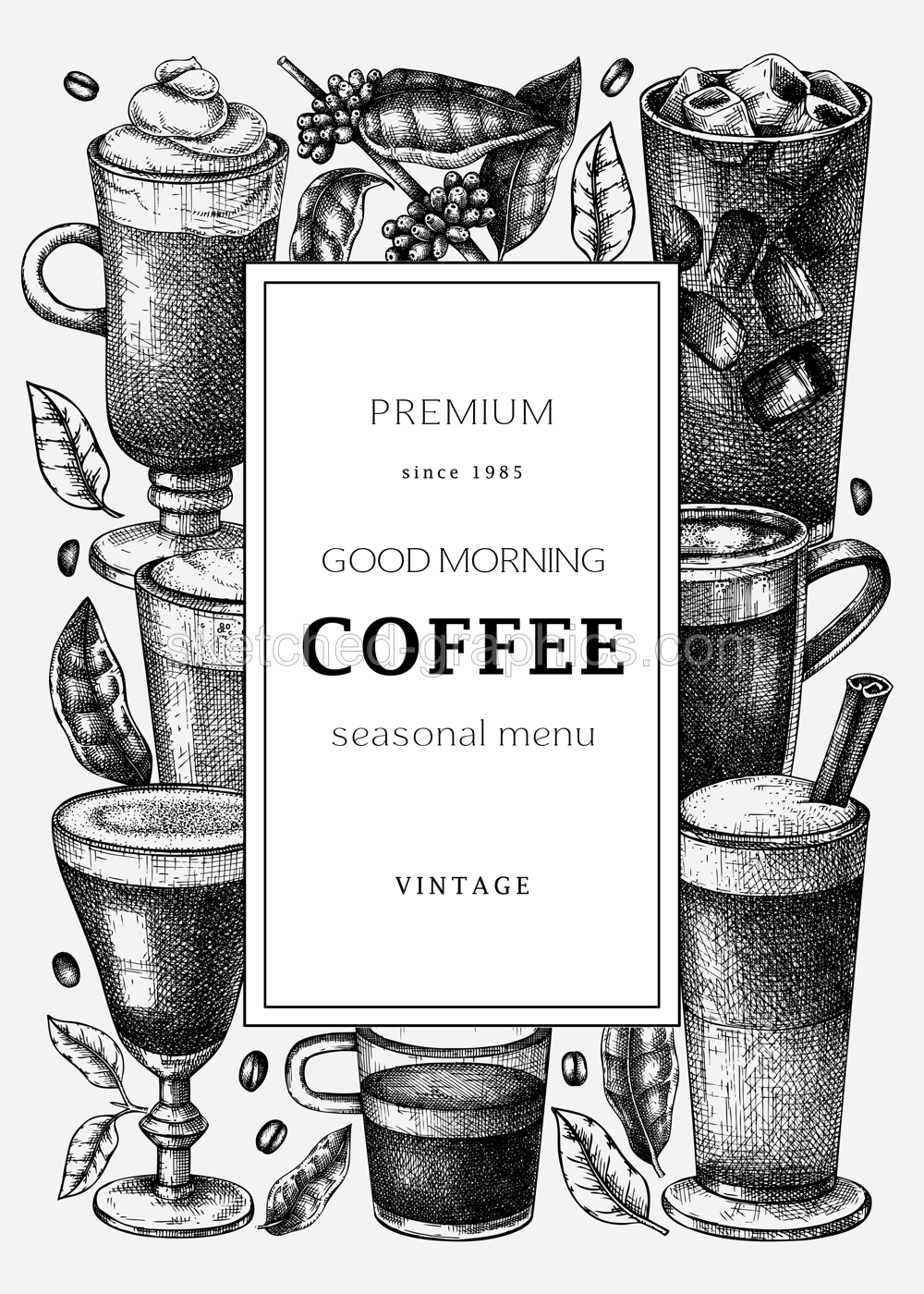 Hand-sketched coffee card template. Vector sketches of mugs with aromatic caffeine drinks design. With botanical coffee plants, leaves and beans in vintage style. Vector beverages template Illustration